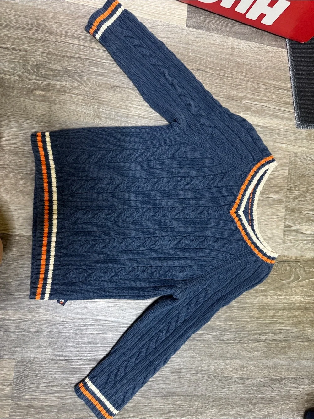 Men's Navy Cable Knit Sweater with Orange & Cream Trim